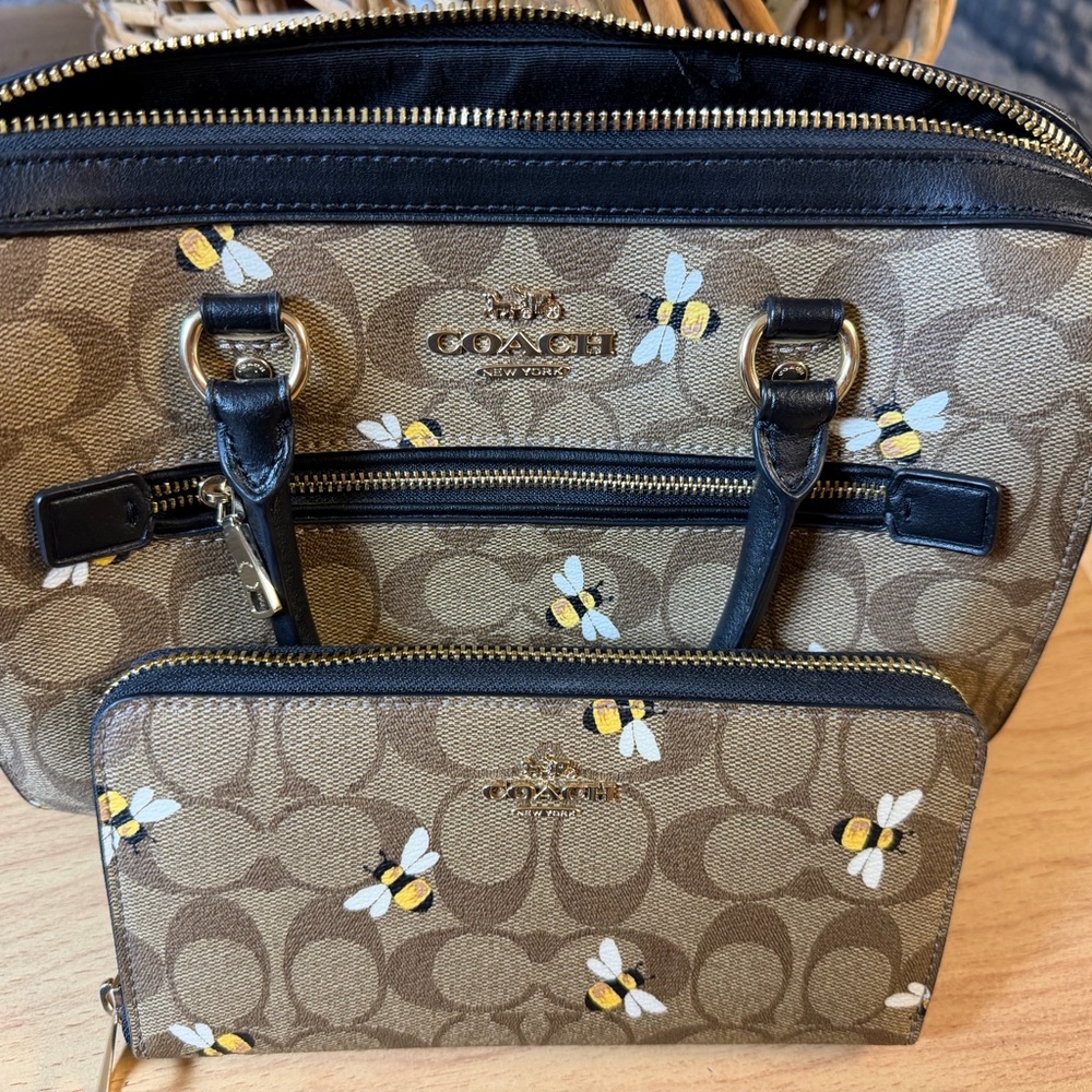 Coach Tan and Black Bee Print Crossbody Bag With Matching Wallett